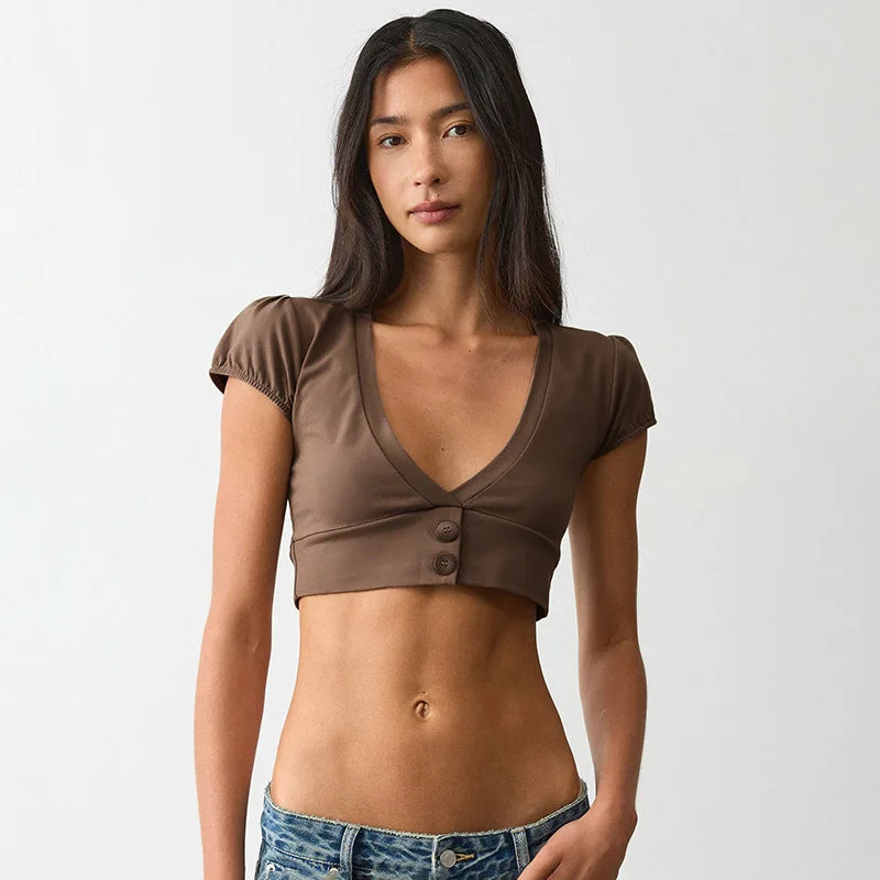 טופ קרופ V-neck כפתורים Y2K דגם Zoe
