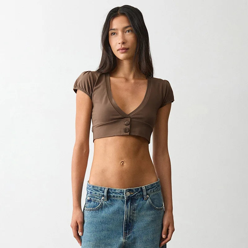 טופ קרופ V-neck כפתורים Y2K דגם Zoe