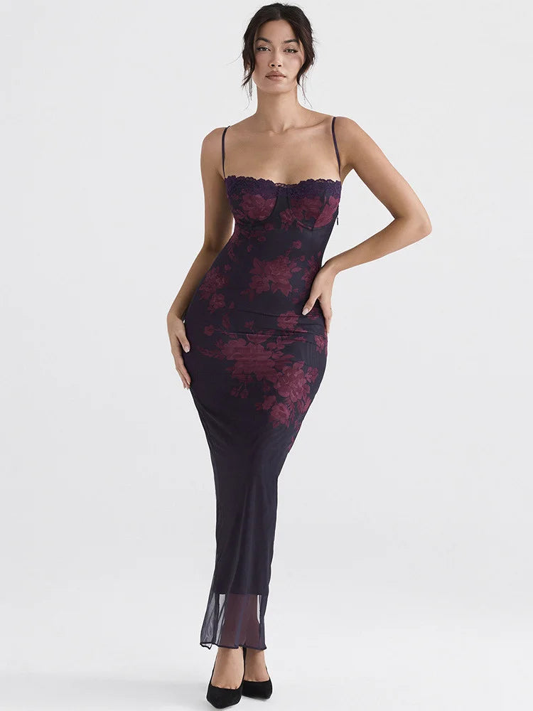 שמלת מקסי זנב-דג הדפס סגול דגם Sylvie